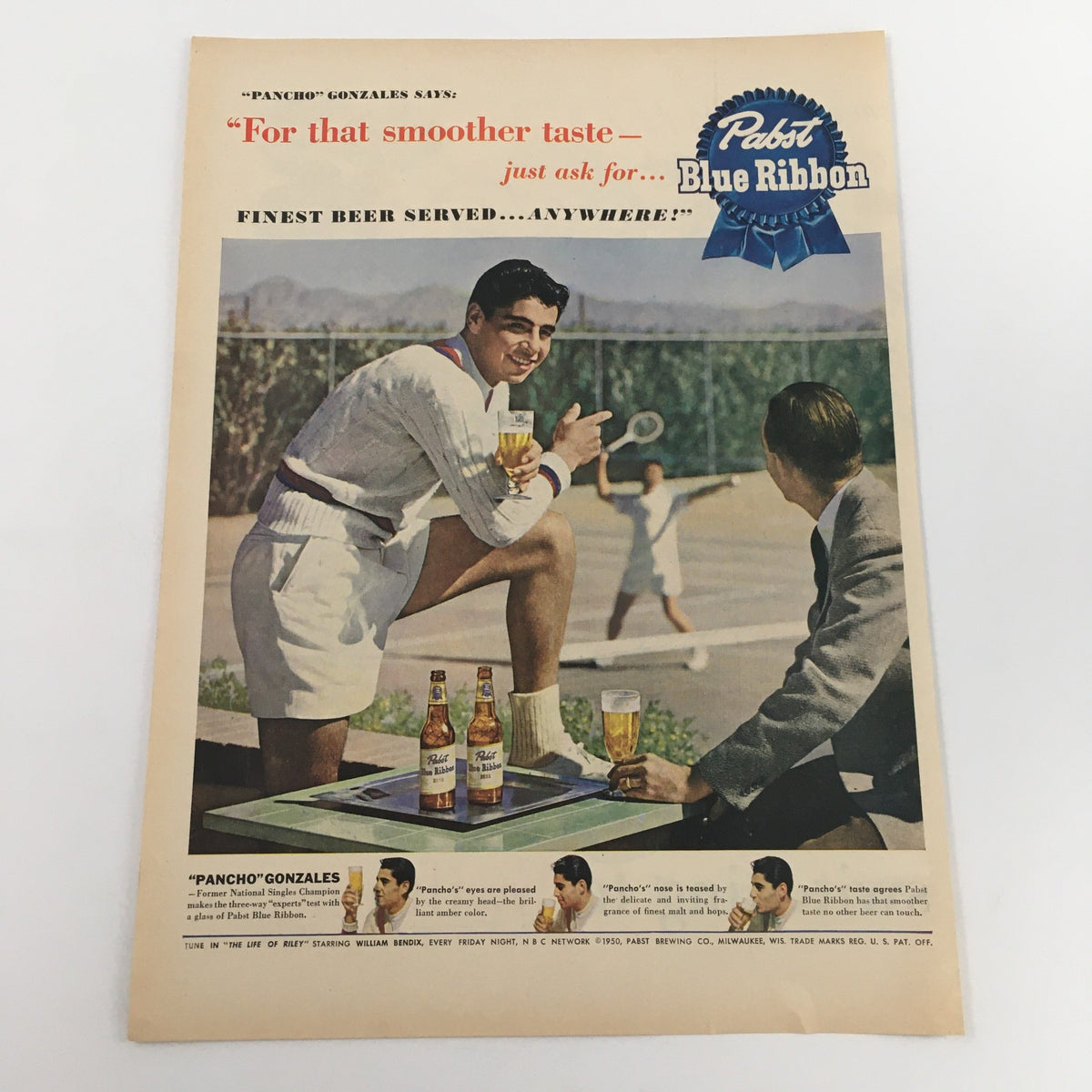 1950 Pabst Blue Ribbon Beer vintage print ad featuring Pancho Gonzales, showcasing a sporty scene with Gonzales enjoying a drink while a tennis match is played in the background. Ideal for collectors of vintage advertisements.
