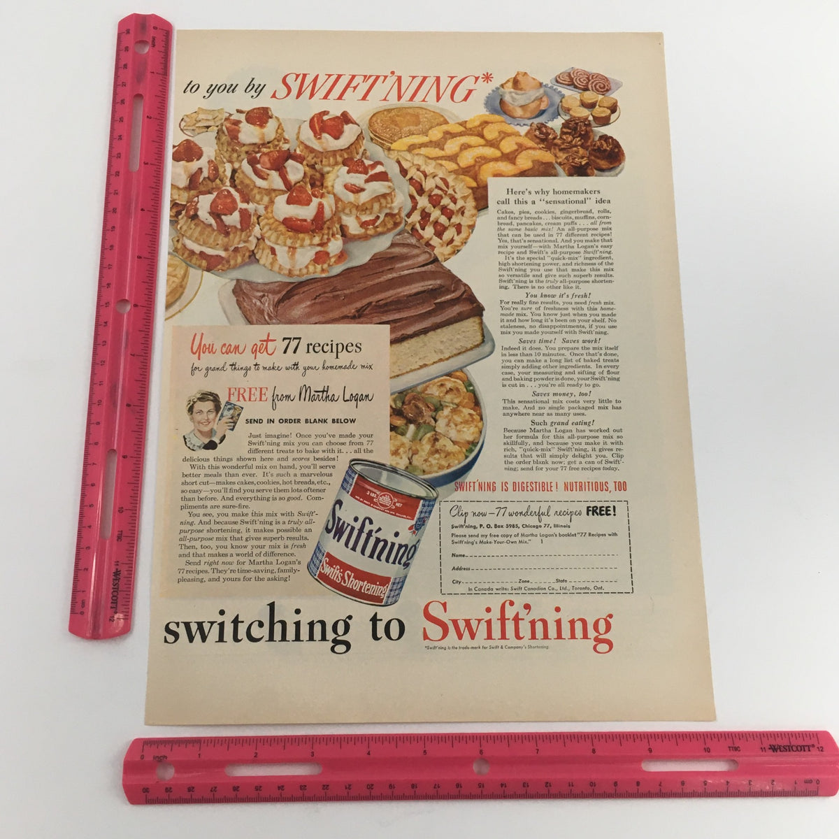 Close-up view of a Swift'ning advertisement showcasing baked goods, including cakes and pastries, with a decorative border. This vintage print complements the 1950 Pabst Blue Ribbon Beer ad featuring Pancho Gonzales.