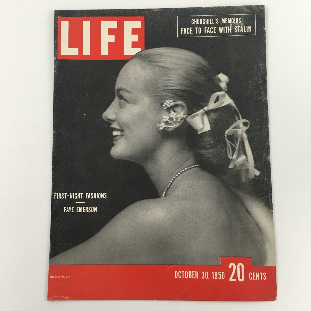 Cover of Life Magazine from October 30, 1950, showcasing Faye Emerson in profile adorned with jewelry, and featuring the headline 'First-Night Fashions'.