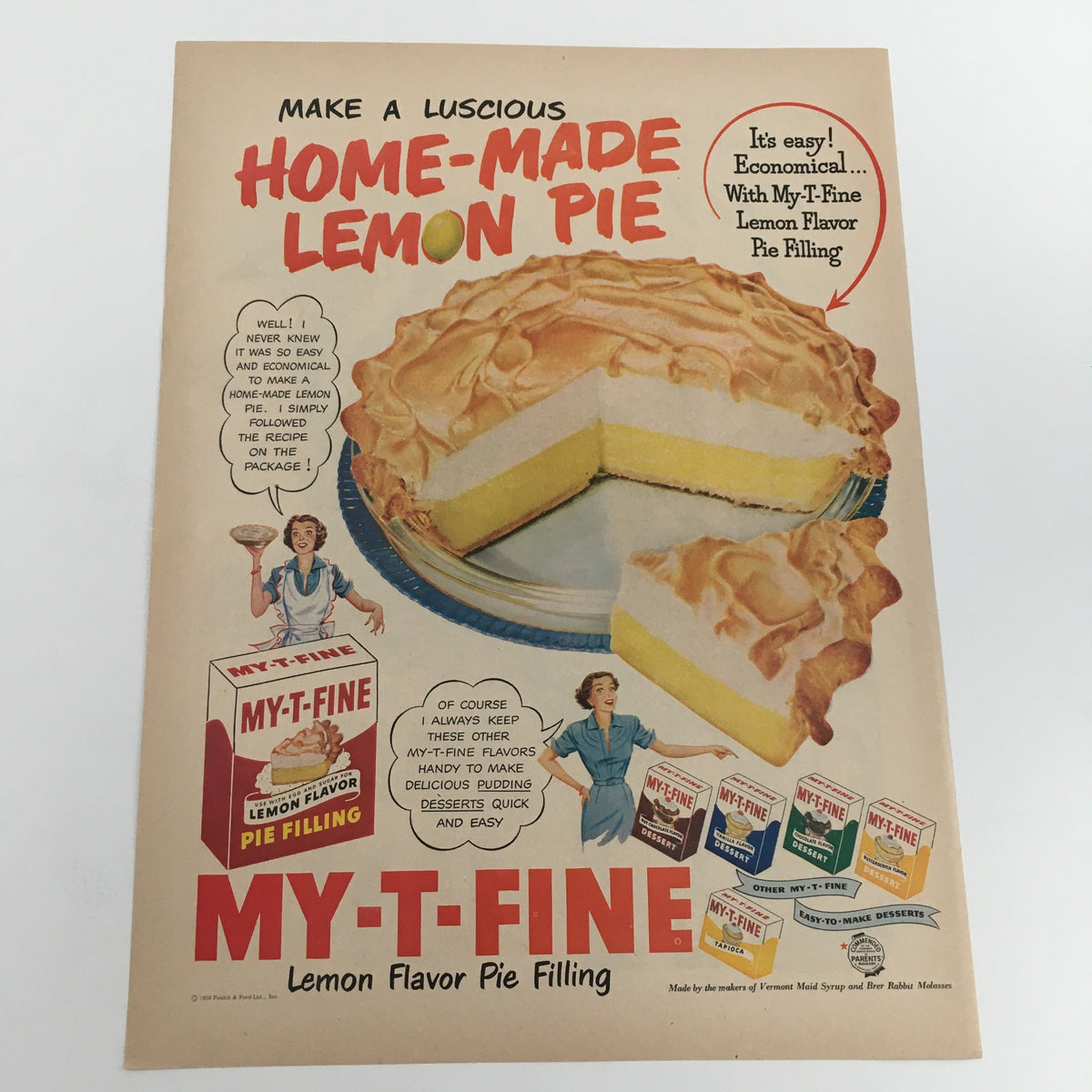 Vintage advertisement for My-T-Fine Lemon Flavor Pie Filling showcasing a homemade lemon pie, part of the 1950 PM De Luxe Blended Whiskey collection.