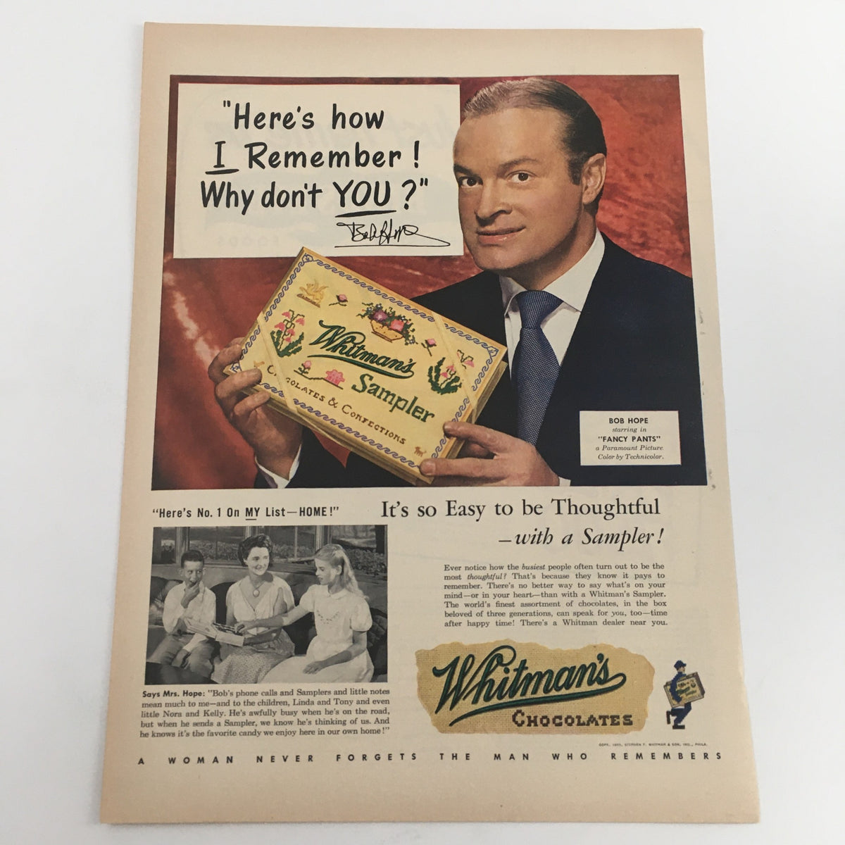 A vintage print advertisement from 1950 for Whitman's Sampler Chocolates and Confections. The ad features a smiling man holding a box of chocolates and highlights the slogan, 'Here's how I remember! Why don't YOU?' Captivating and nostalgic, perfect for collectors.
