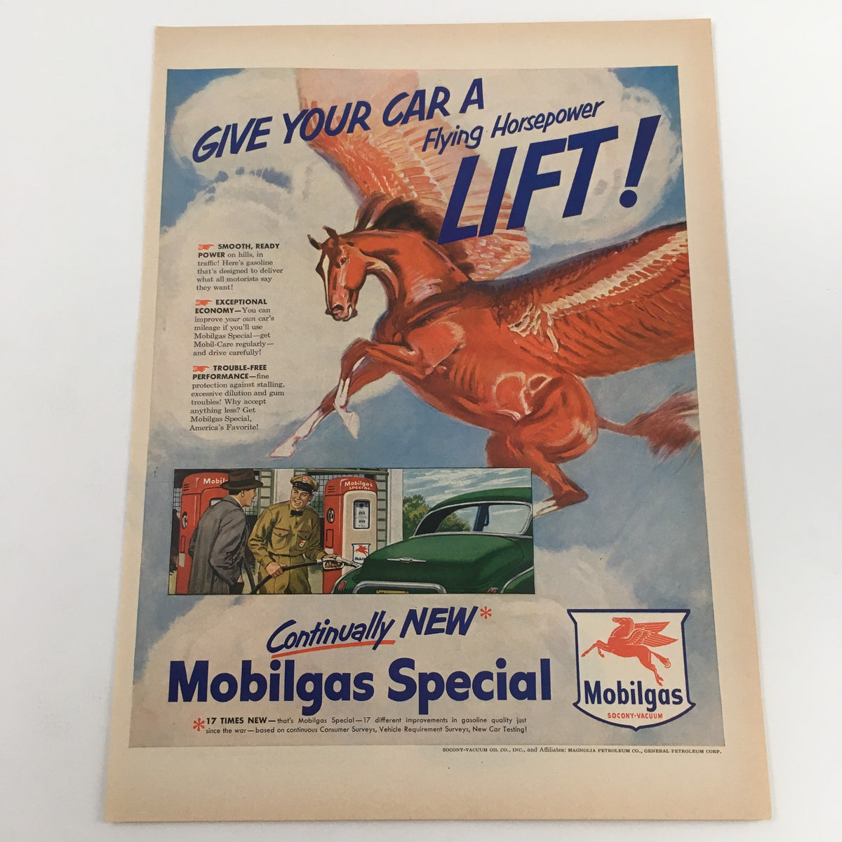 1950 General Motors Stylists and Body Engineers Study Vintage Print Ad featuring the 'Mobilgas Special' advertisement with a striking flying horse, promoting fuel efficiency and performance.
