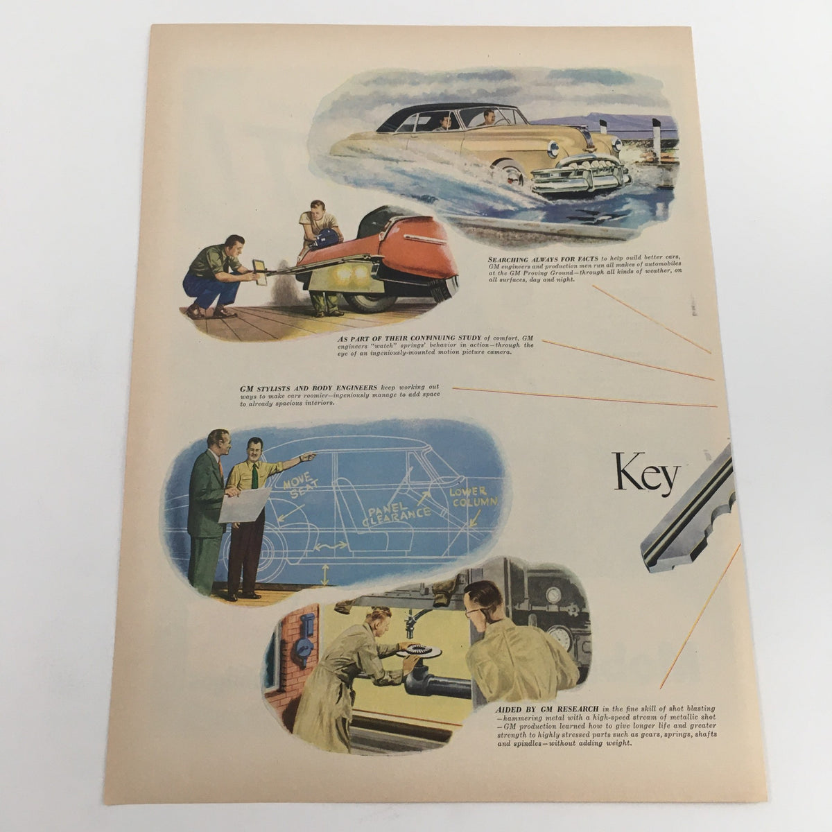 1950 General Motors Stylists and Body Engineers Study Vintage Print Ad showcasing vivid illustrations of automotive design and engineering processes, reflecting mid-20th century innovation.