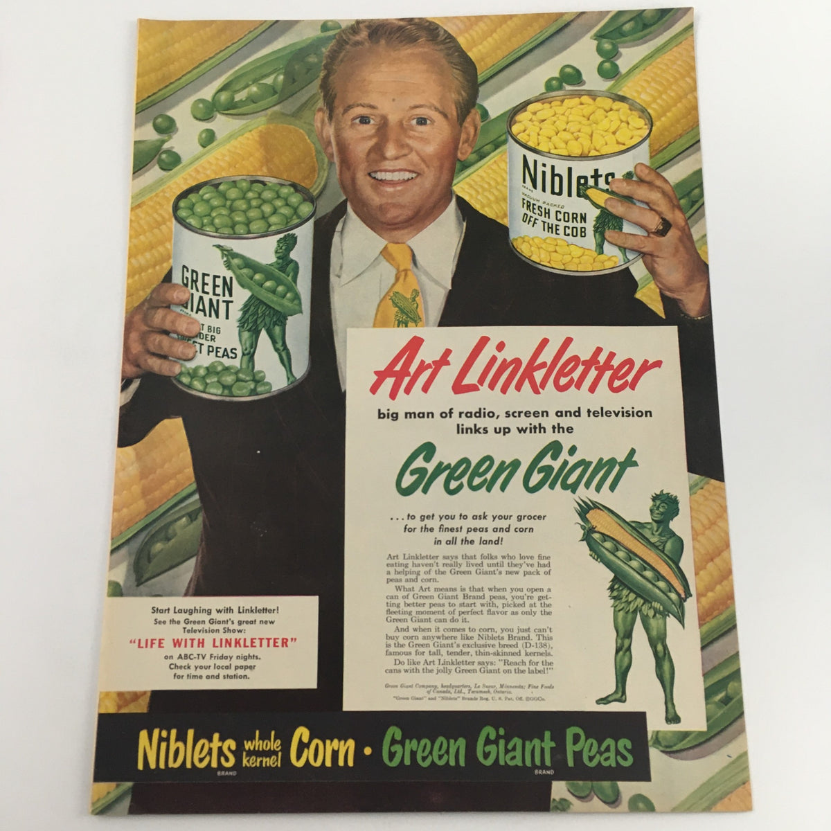 1950 Niblets Whole Kernel Corn Green Giant Peas Art Linkletter Vintage Print Ad featuring Art Linkletter promoting Niblets corn and Green Giant peas with vibrant imagery and nostalgic design.
