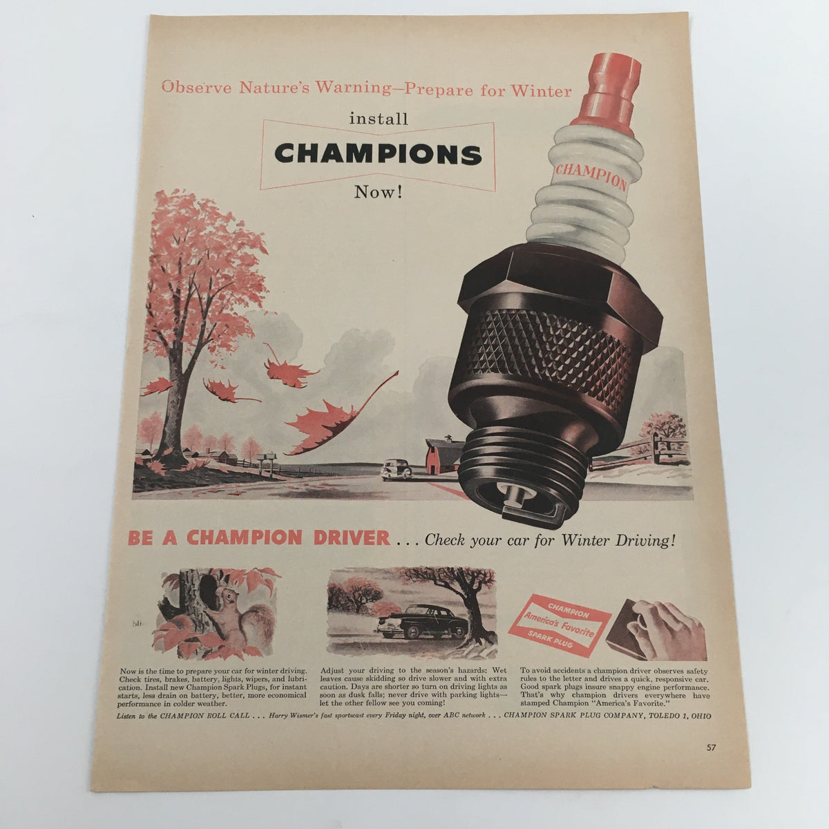 1950 Veedol Motor Oil Tide Water Associated Oil Company Vintage Print Ad featuring a Champion Spark Plug advertisement, showcasing a winter driving theme with vibrant autumn leaves and a striking design.