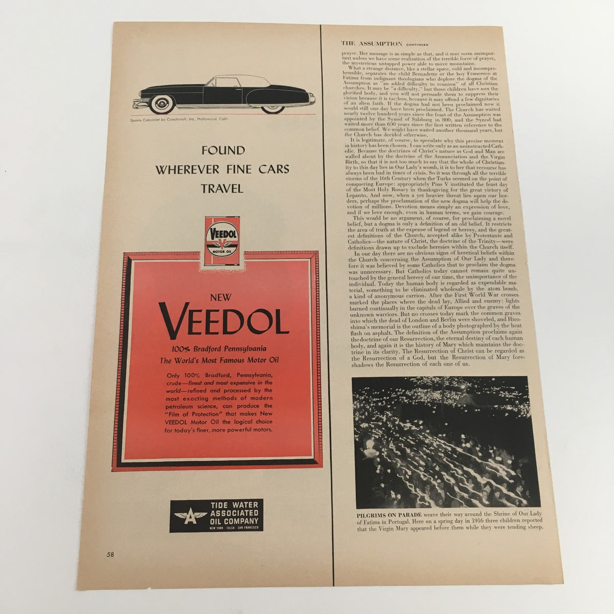 1950 Veedol Motor Oil Tide Water Associated Oil Company vintage print ad featuring classic car imagery and vibrant design, showcasing automotive history and nostalgia.