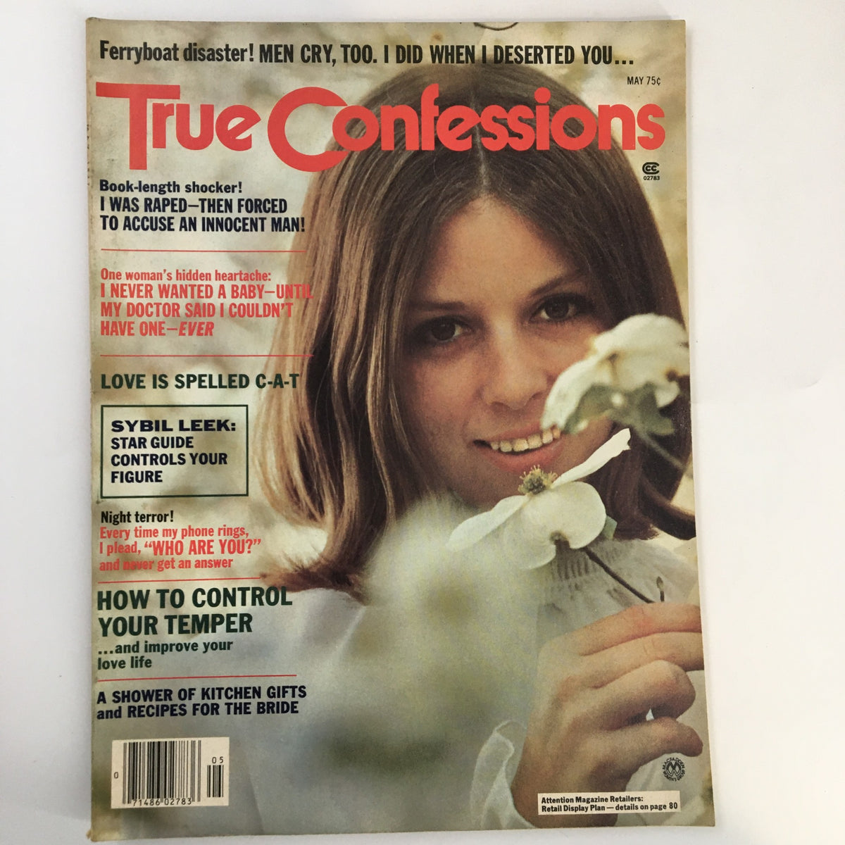 Cover of True Confessions Magazine May 1977 featuring an article by Sybil Leek titled 'Controls Your Figure'. The cover includes a photo of a young woman holding a flower, encapsulating the vintage vibe of the magazine.