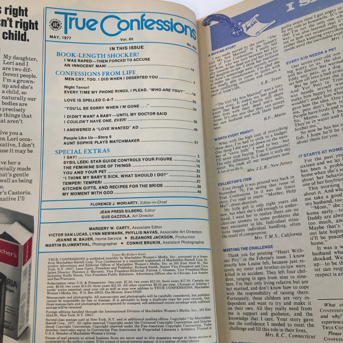 Inside page of True Confessions Magazine May 1977 showing the table of contents. Notably features the article 'Sybil Leek: Star Guide Controls Your Figure' and highlights various other articles in the issue.