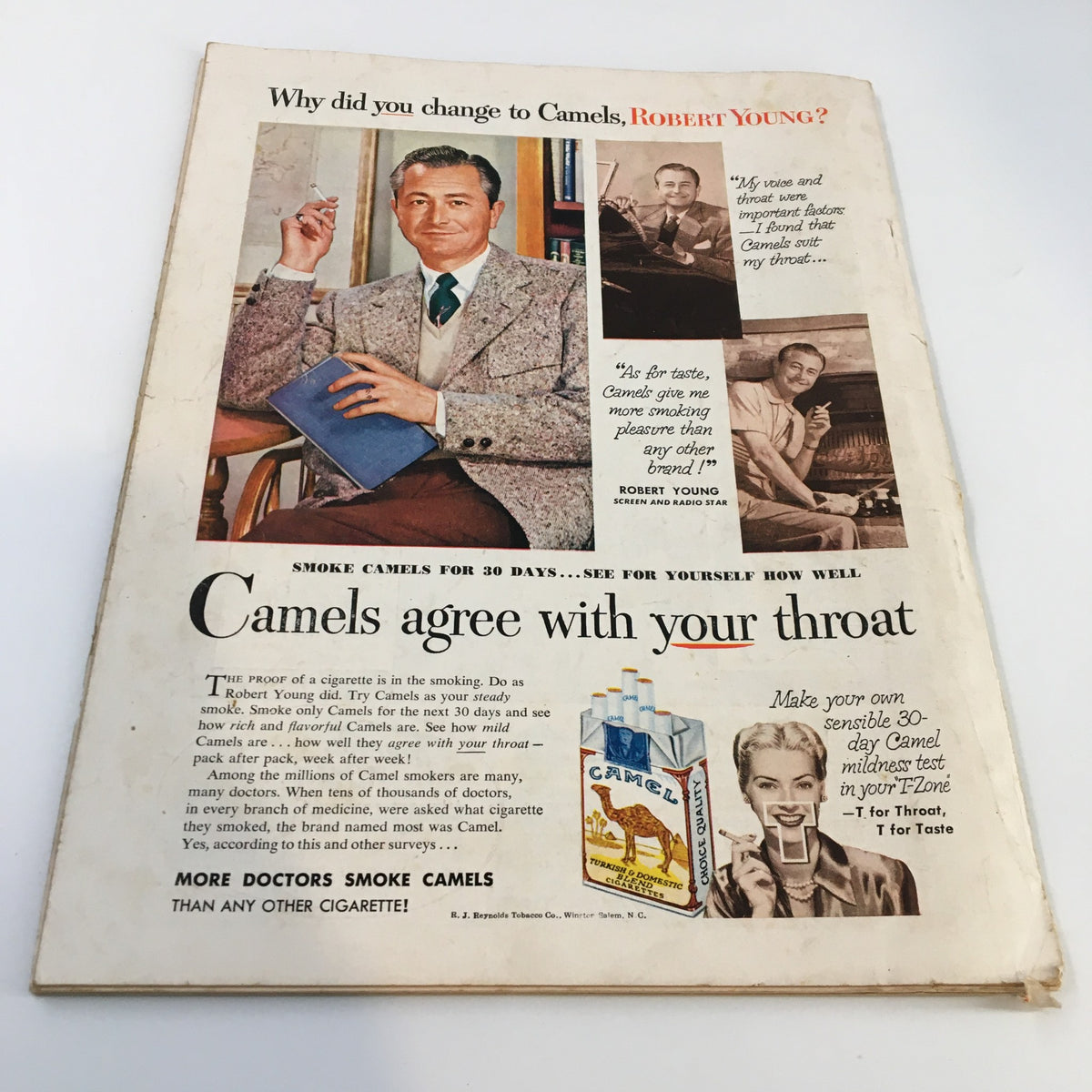Back cover advertisement from True Confessions Magazine September 1952, featuring a vintage cigarette ad promoting Camel cigarettes with a well-dressed man and testimonials.