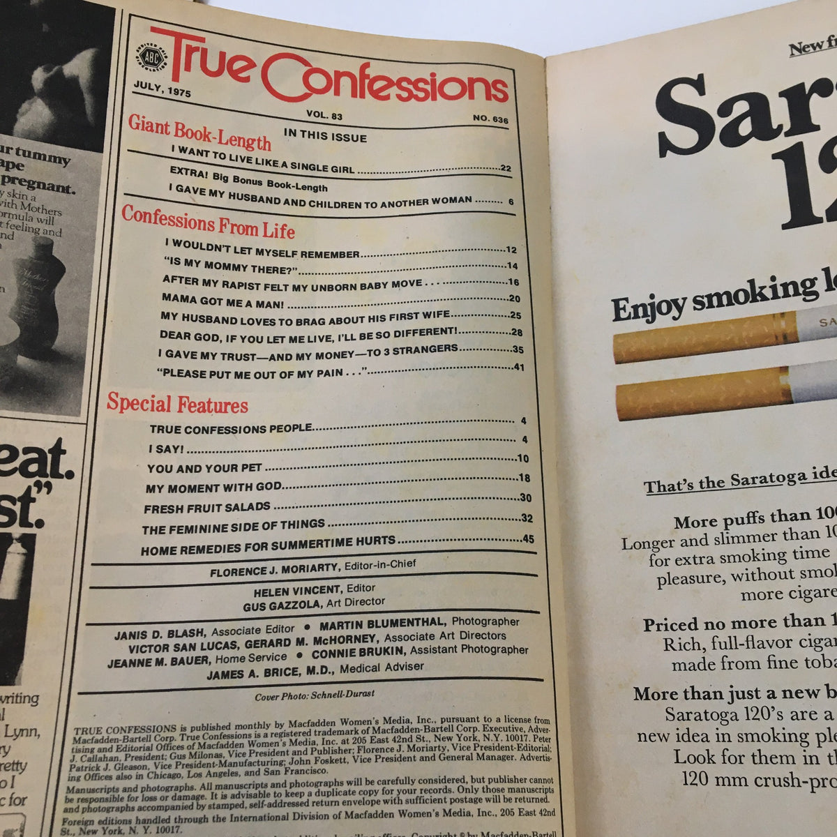Table of contents from True Confessions Magazine, July 1975, featuring articles including 'Home Remedies for Summertime Hurts.' Ideal for vintage magazine collectors and enthusiasts.