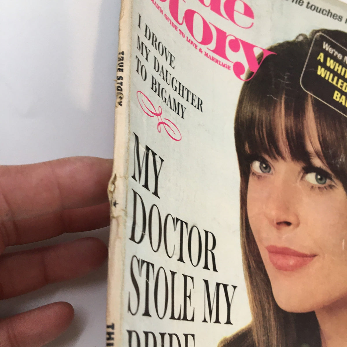 Side view of the VTG True Story Magazine June 1966, showcasing the title 'My Doctor Stole My Bride' and the phrase 'I Drove My Daughter to Bigamy' prominently.