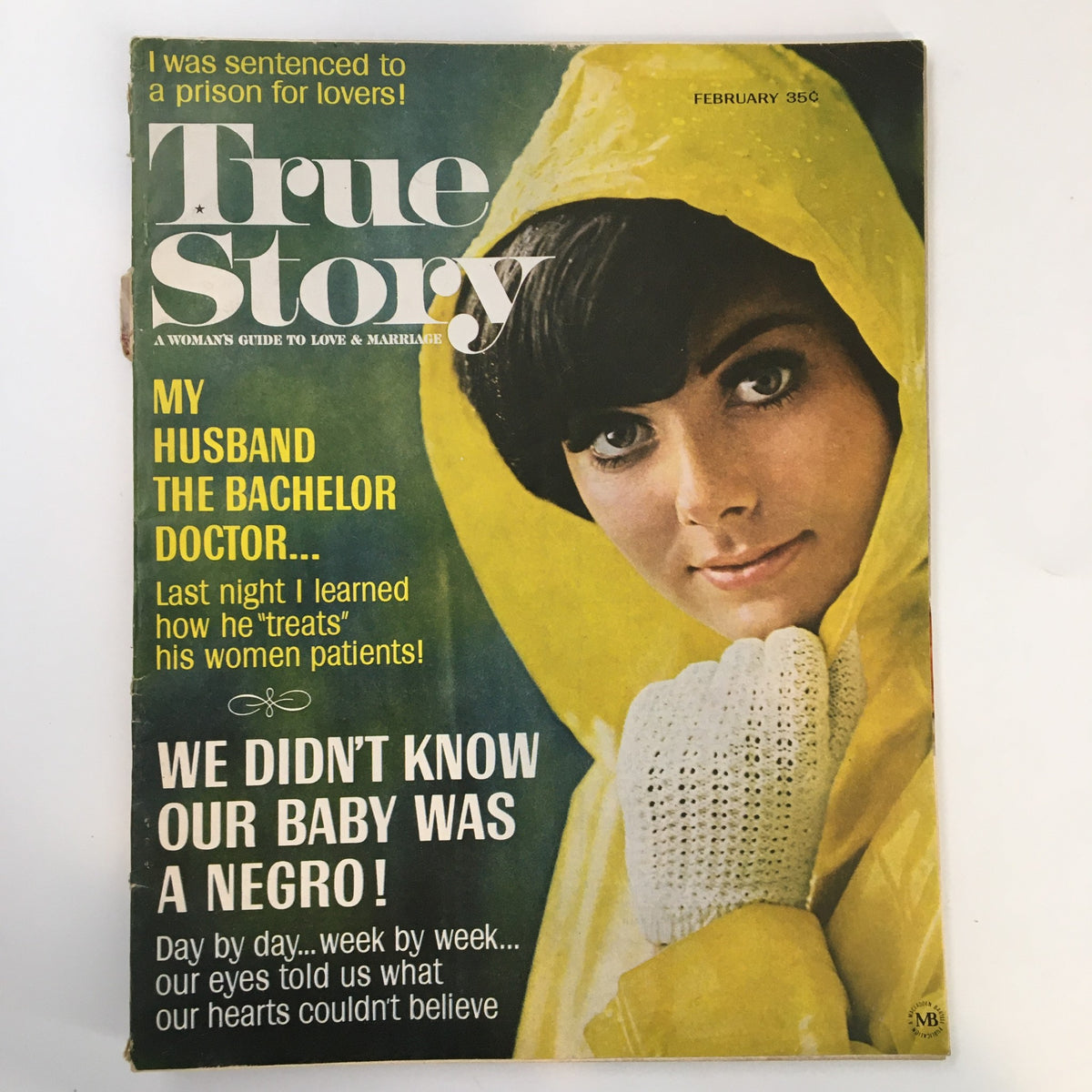 VTG True Story Magazine February 1967 cover featuring a woman in a yellow raincoat, with headlines discussing homemaking and personal stories, showcasing a retro aesthetic and valuable insights for homemakers.