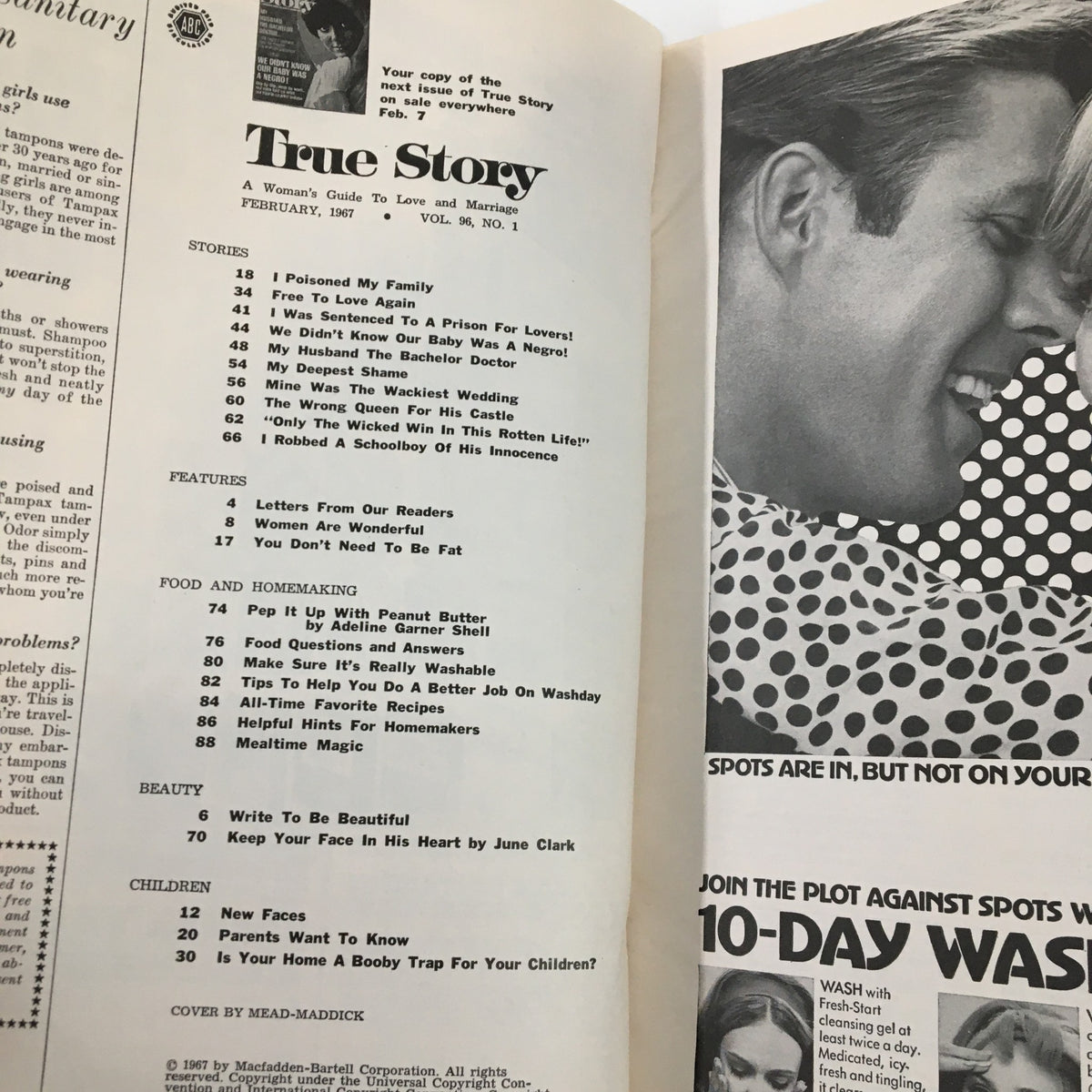 Inside page of VTG True Story Magazine February 1967 showcasing the table of contents, highlighting stories and homemaking tips alongside a classic photograph of a couple.