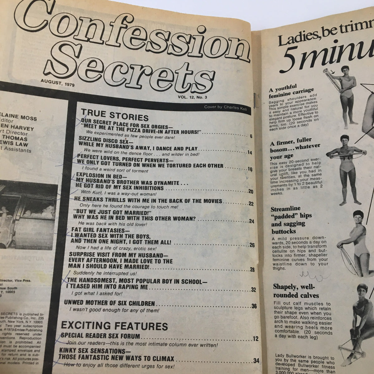 Inside page of VTG Confession Secrets Magazine August 1979, showcasing the table of contents with stories about relationships and sexuality, including 'Perfect Lovers, Perfect Perverts'.