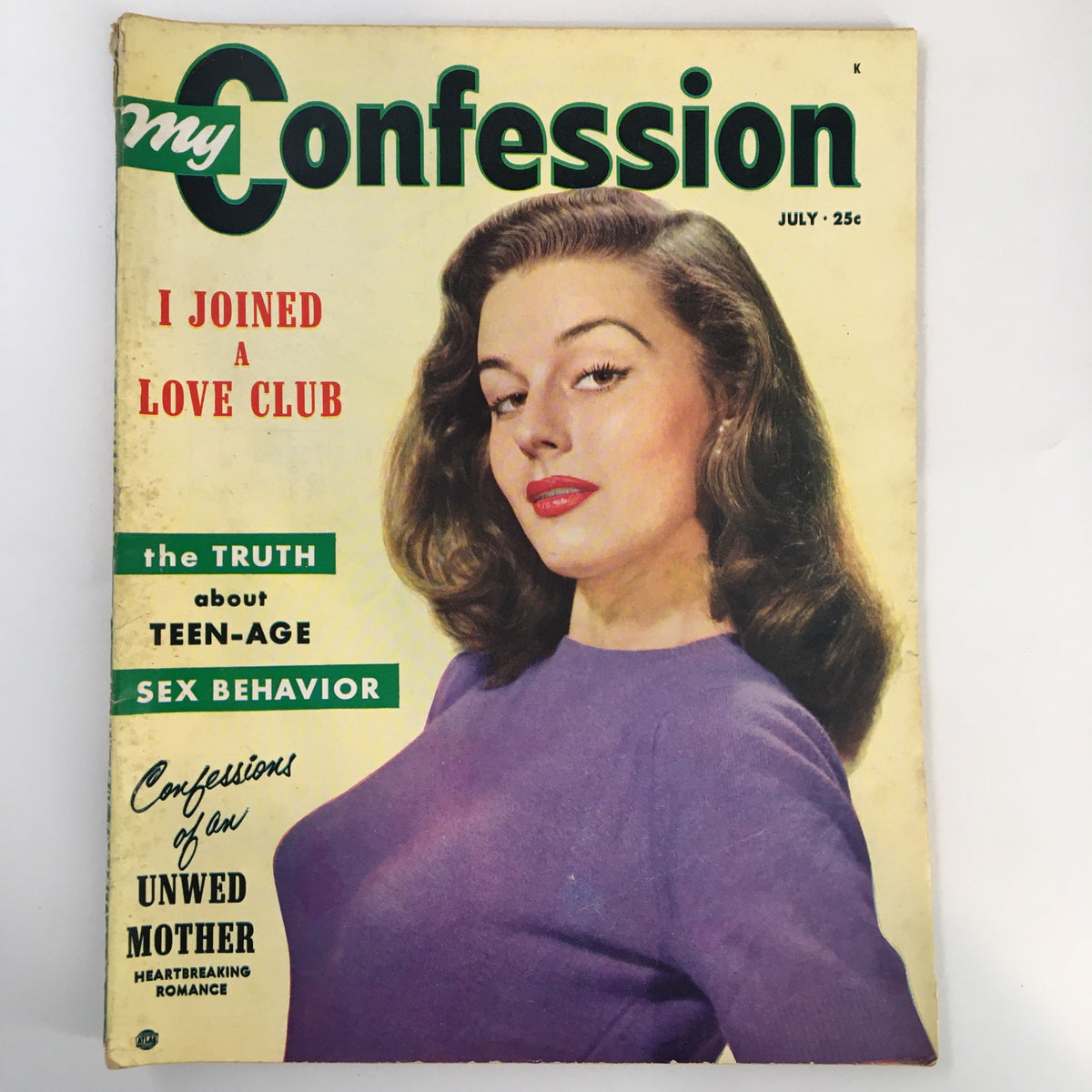 Cover of My Confession Magazine July 1952 featuring a woman with a glamorous hairstyle, highlighting the main theme 'The Truth About Teen-Age Sex Behavior' and other intriguing topics.