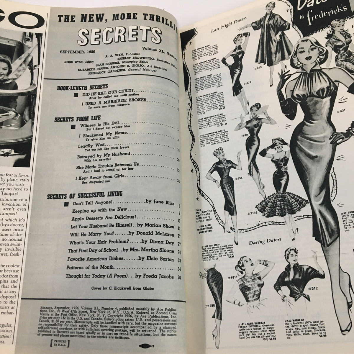 Interior page of VTG Secrets Magazine September 1956 featuring the table of contents and illustrations of vintage fashion designs. Highlighting the article 'I Used A Marriage Broker', this page showcases the magazine's blend of intriguing articles and 1950s cultural insights.