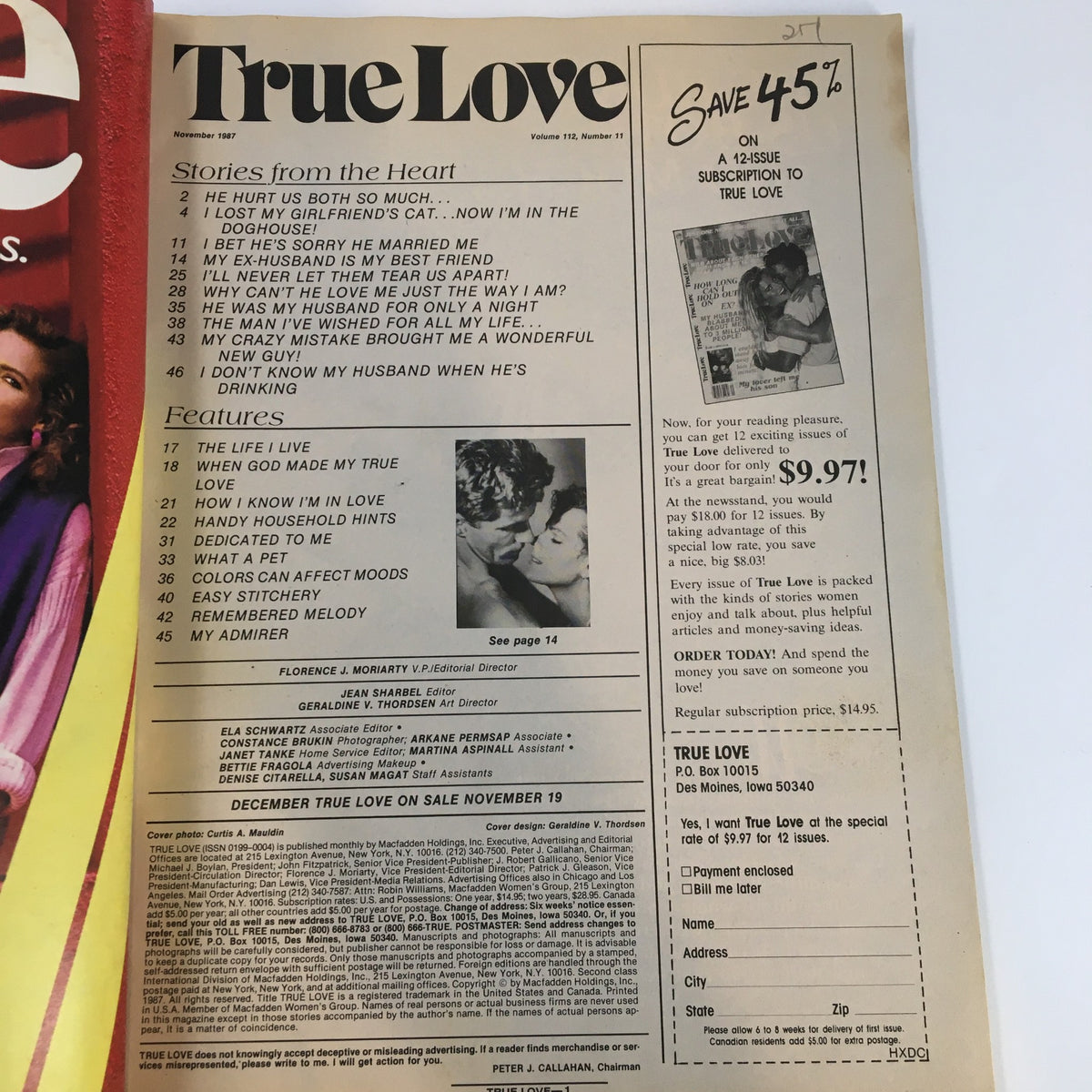 Inside page of True Love Magazine November 1987 showcasing stories and features, highlighting the issue's table of contents and subscription offer.