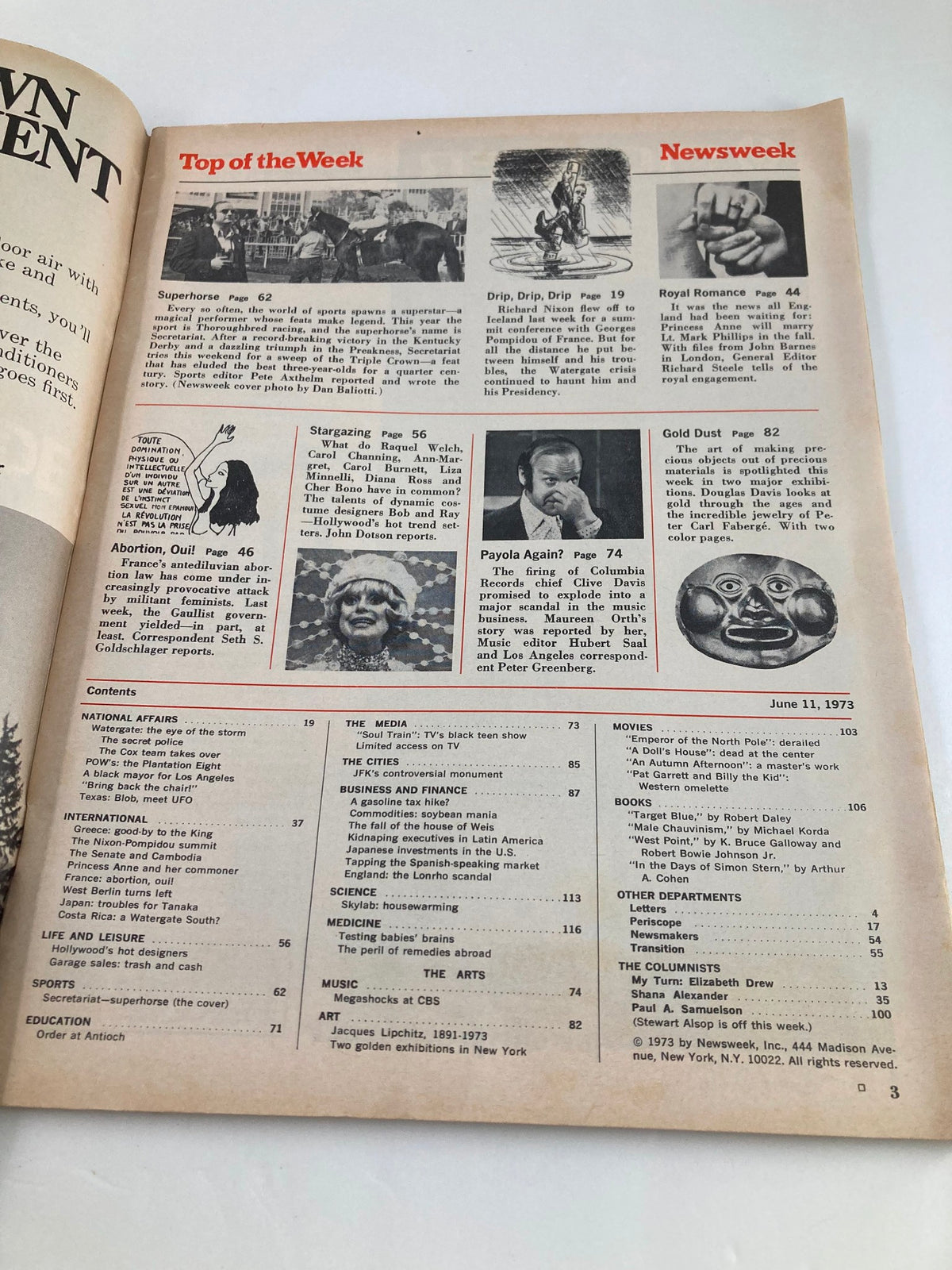 Contents page of VTG Newsweek Magazine dated June 11, 1973, featuring articles including 'Superhorse' about Secretariat, with insights on cultural and historical topics.