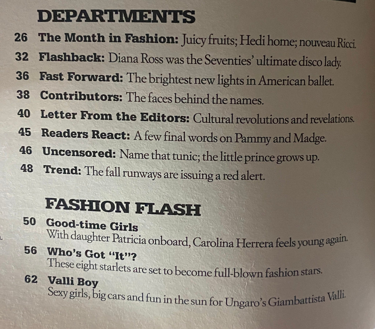 W Magazine June 2003 interior page highlighting various departments, including fashion and cultural insights.