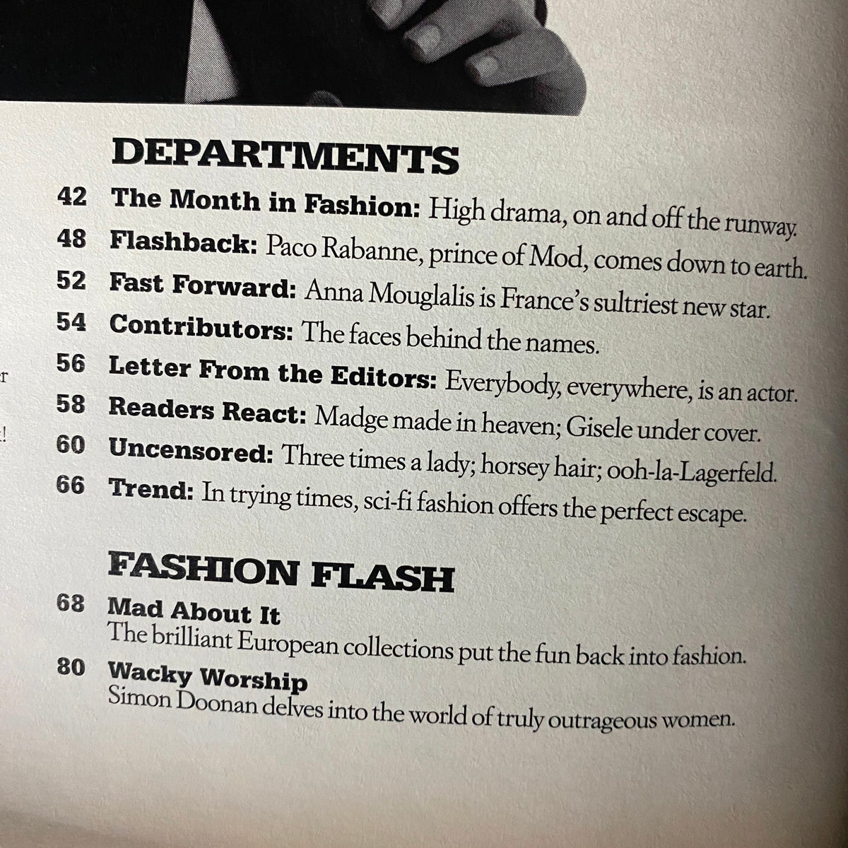 Interior page of W Magazine May 2003 displaying the table of contents with features on fashion, contributions, and celebrity highlights.