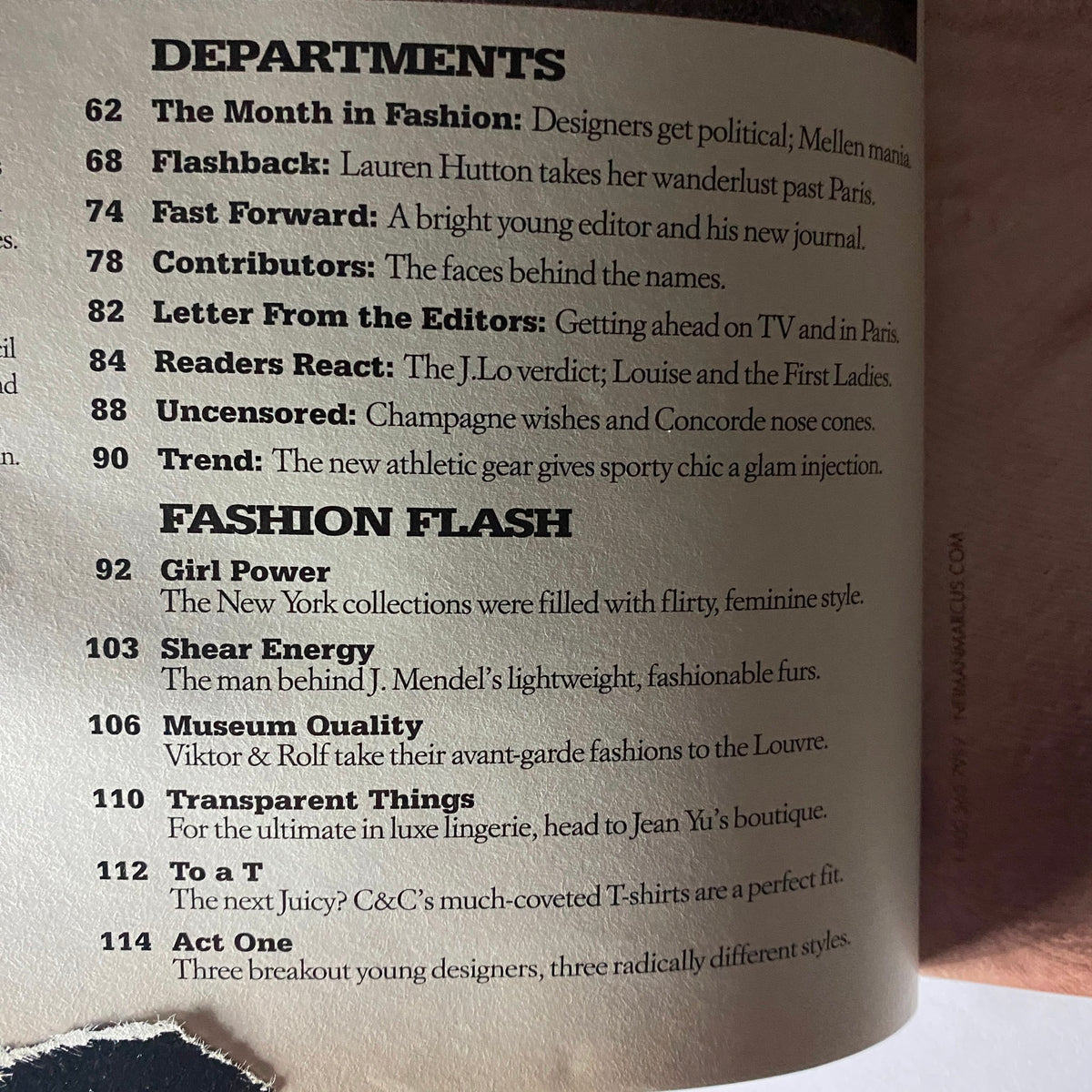 Table of contents page from W Magazine November 2003, featuring sections on fashion and culture including 'The Month in Fashion' and 'Fashion Flash'.
