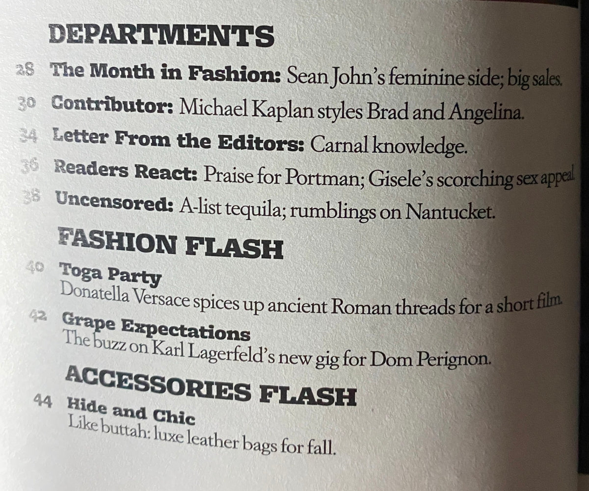 Content page from W Magazine July 2005 listing various departmental features including fashion trends and celebrity insights, highlighting the iconic couple Brad Pitt and Angelina Jolie.