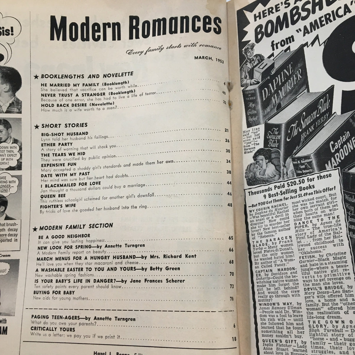 Inside page of Modern Romances Magazine March 1963 displaying the table of contents with titles of stories and advertisements reflecting the cultural themes of the time.