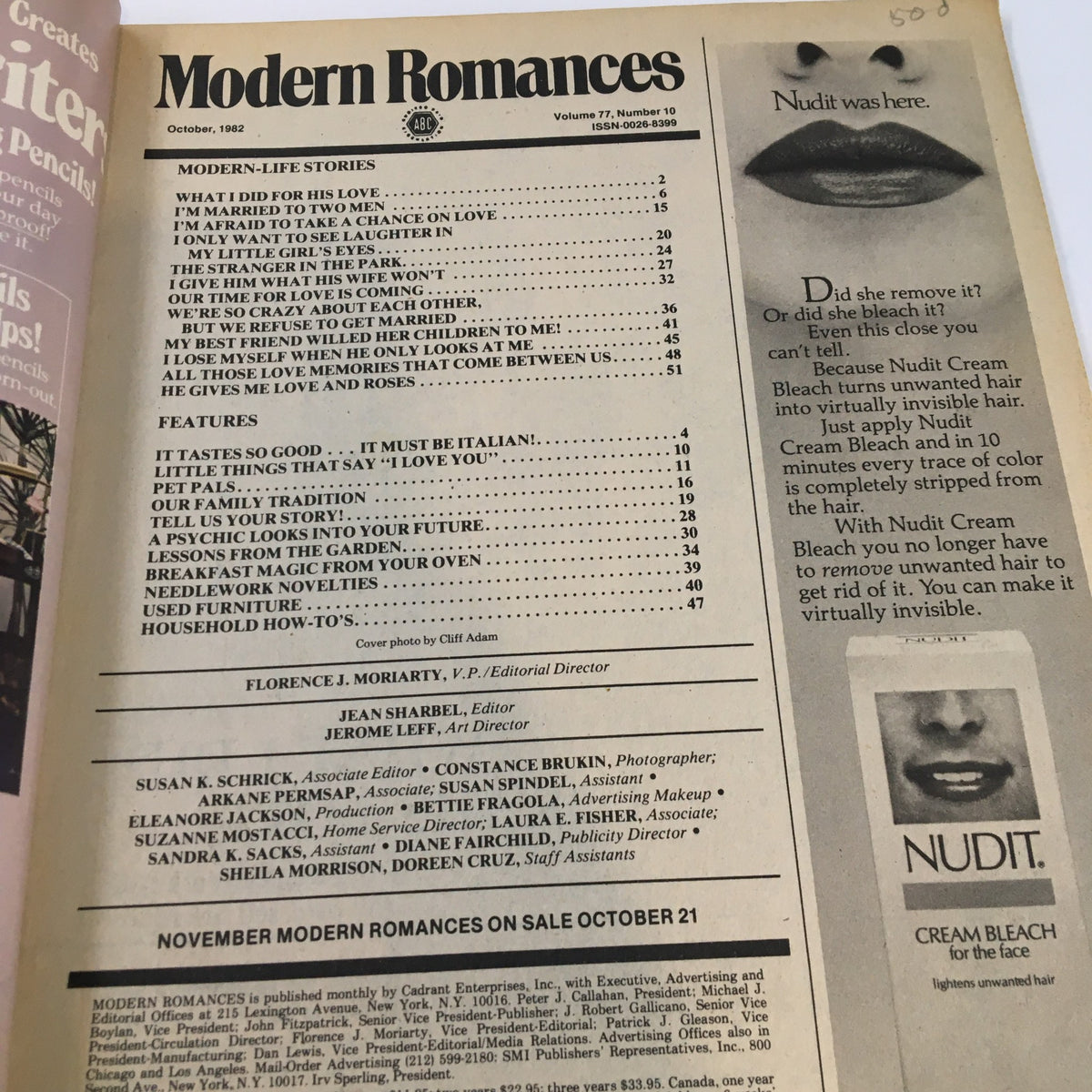 Table of contents for Modern Romances Magazine October 1982, showcasing articles and features including 'I'm Married To Two Men' and other relationship-themed stories.