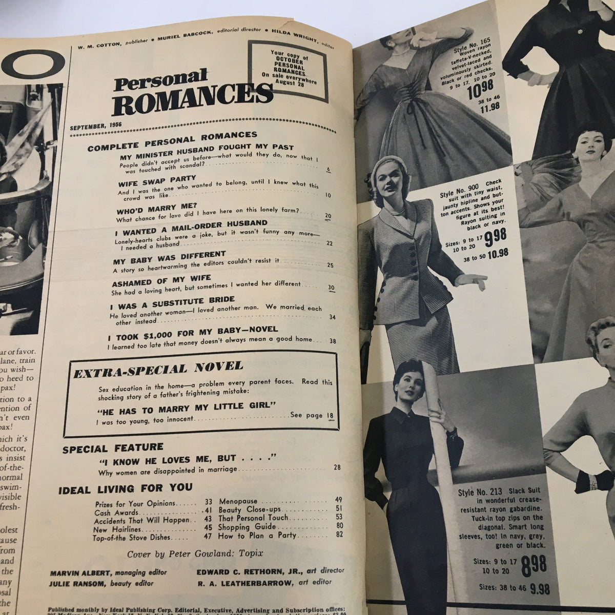 Interior page of Personal Romances Magazine September 1956 showcasing various articles and advertisements, including the featured story 'My Minister Husband Fought My Past'.