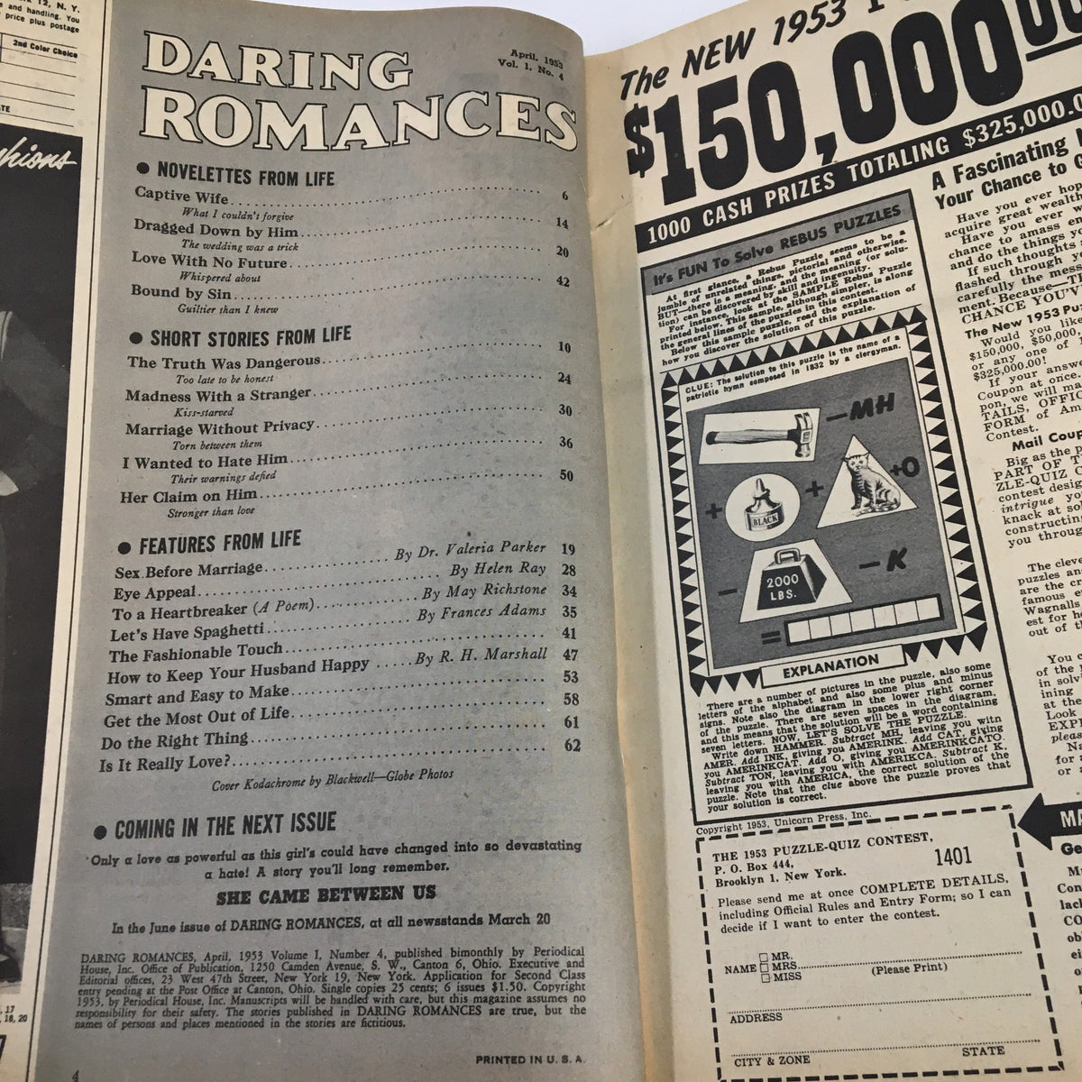 Interior page of the VTG Daring Romances Magazine from April 1953, featuring the table of contents and advertisements, showcasing the vintage layout and style of the era.