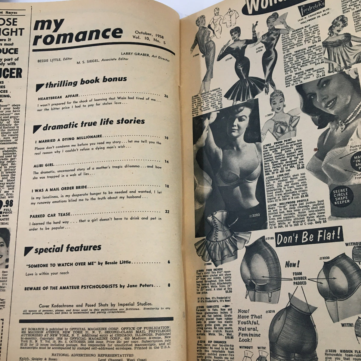 Interior page from My Romance Magazine, October 1958 showcasing the table of contents, highlighting stories including 'I Married A Dying Millionaire', emphasizing its vintage appeal.