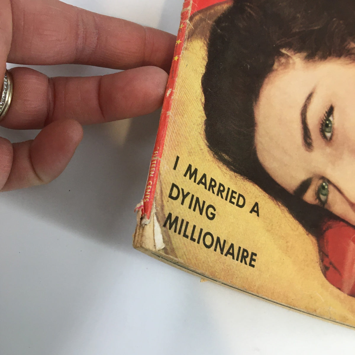 Close-up of the vintage magazine 'My Romance Magazine' September 1954 showing the subtitle 'I Married a Dying Millionaire'.