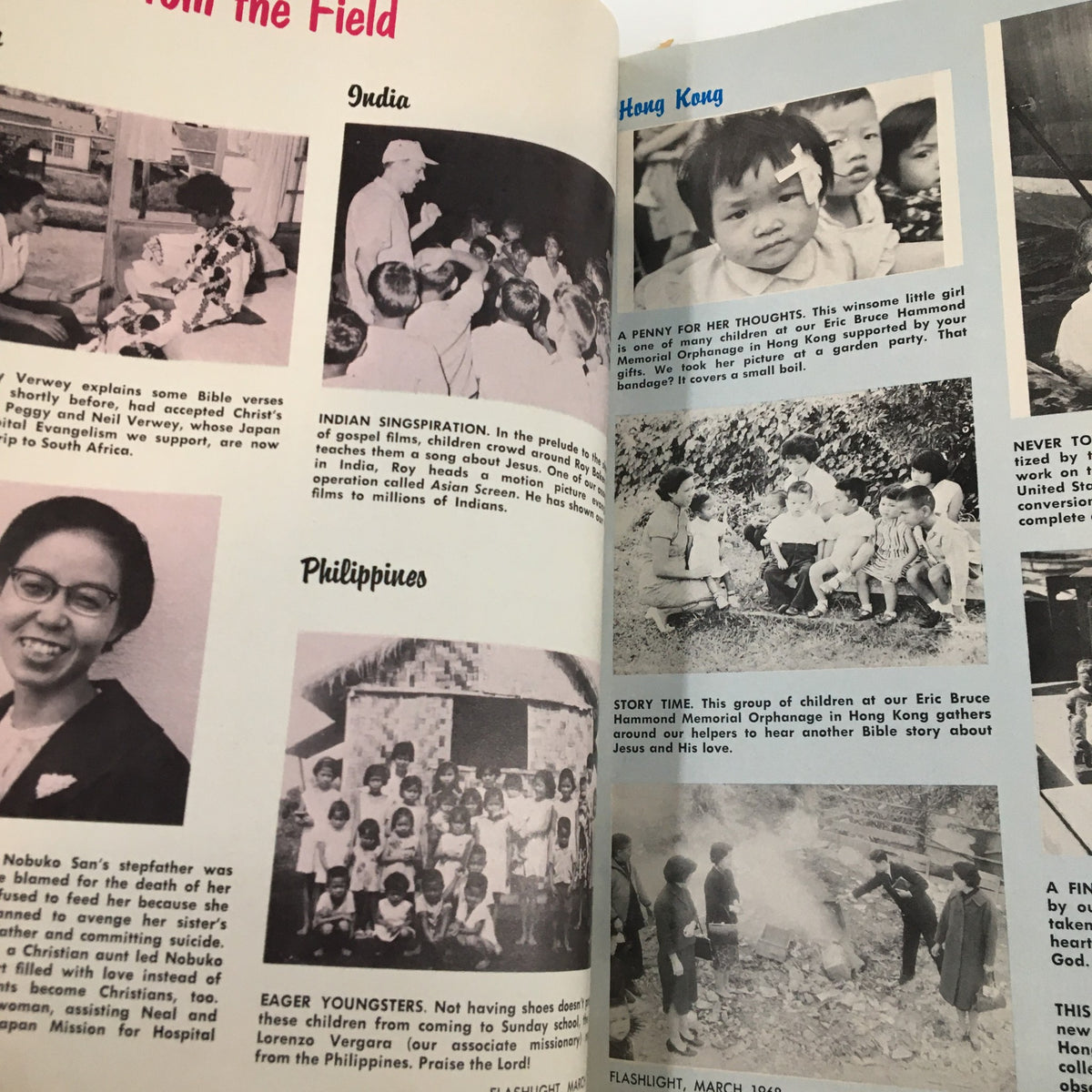 Interior pages of Vintage Flash Light Magazine March 1968 showcasing articles and photographs from different countries, highlighting cultural stories and themes from the time.
