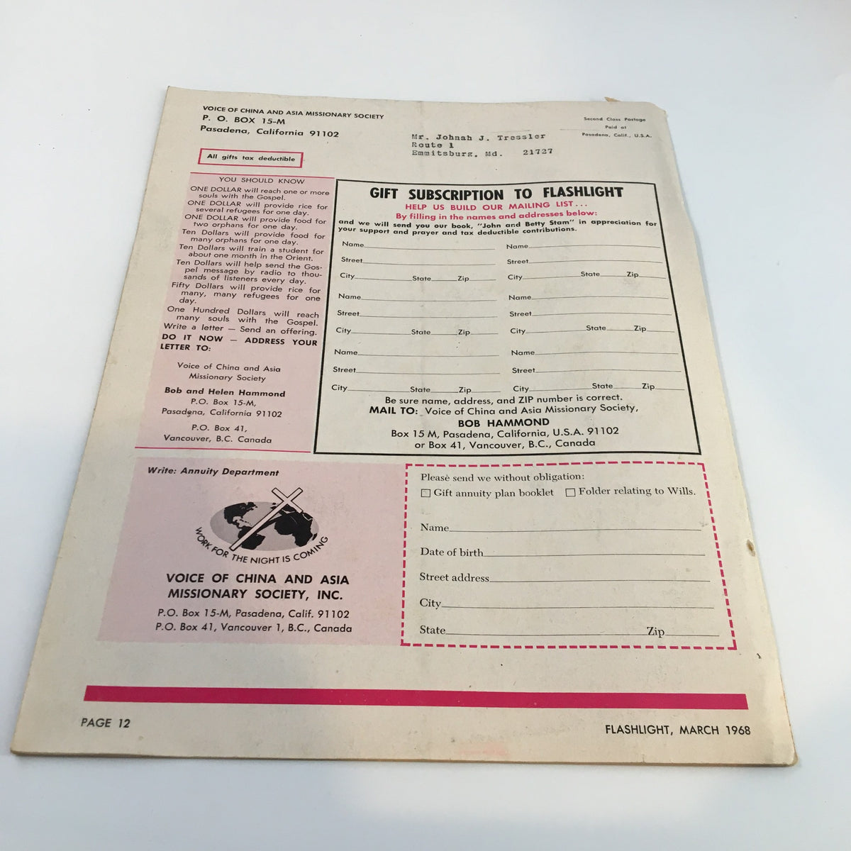 Back cover page of Vintage Flash Light Magazine March 1968, featuring subscription information for the Voice of China and Asia Missionary Society.