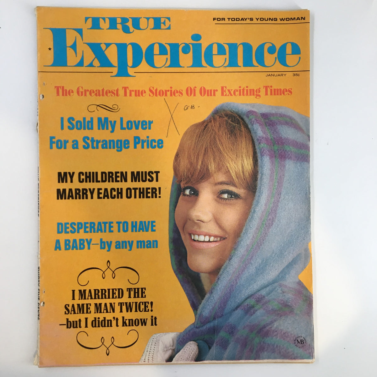 True Experience Magazine January 1969 cover featuring the title and stories, including 'Desperate To Have A Baby' and a smiling woman in a hooded sweater.