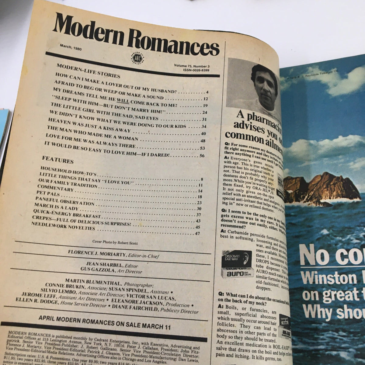 Inside page of the VTG Modern Romances Magazine March 1980 titled 'Heaven Was Just A Kiss Away', featuring the table of contents and text discussing modern-life stories and features.