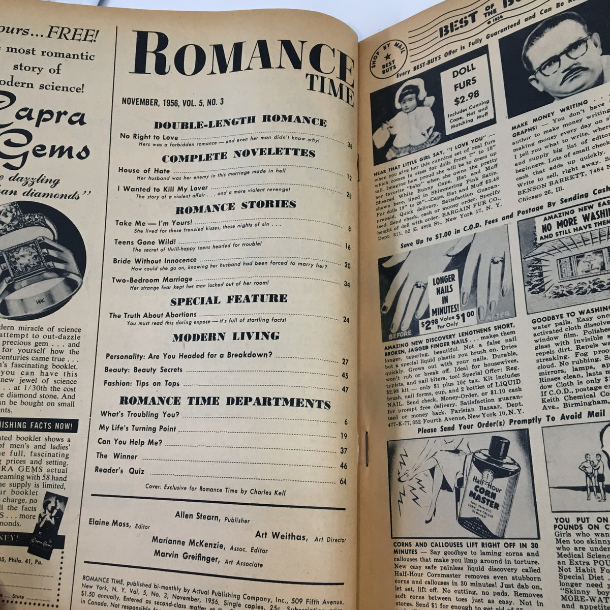 Inside page of Romance Time Magazine November 1956, displaying the table of contents with article titles and features relevant to romance stories and advice.