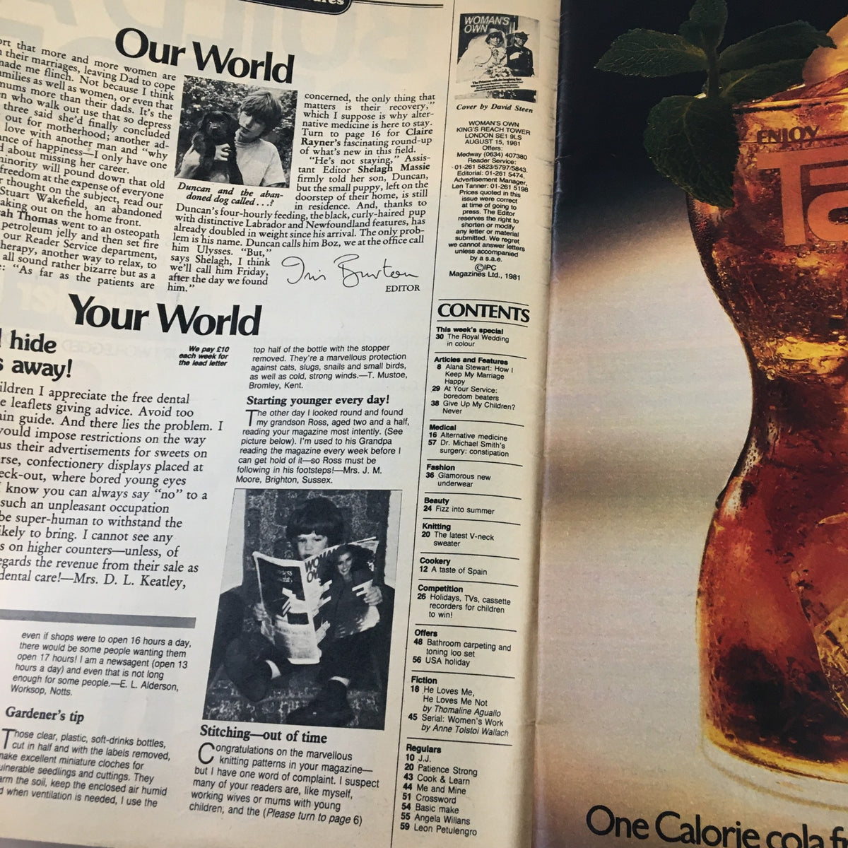 Interior pages of Woman's Own Magazine, August 15, 1981, displaying articles and the magazine's table of contents, alongside a visual of a colorful beverage.