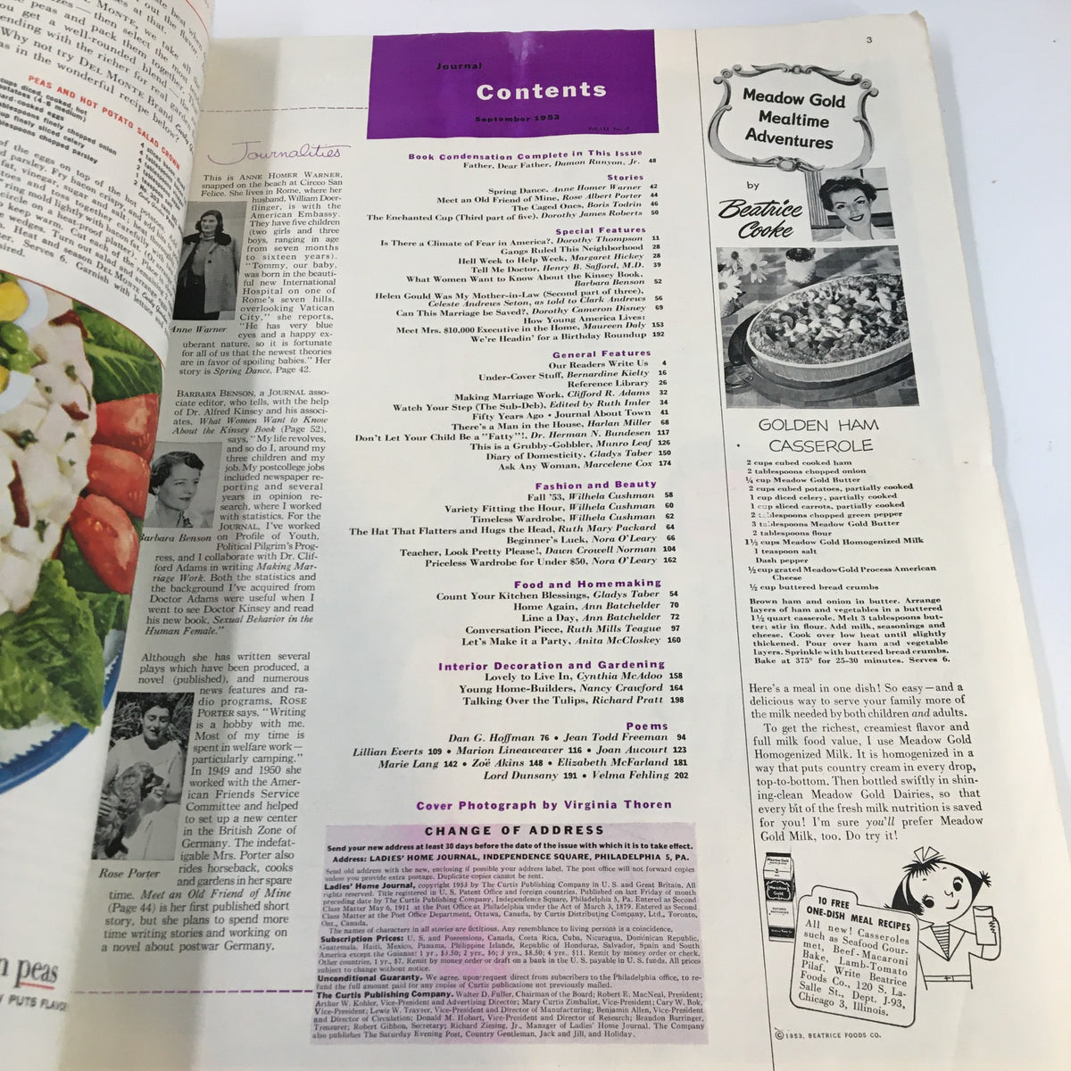 Contents page of Ladies' Home Journal Magazine September 1953, displaying articles and features, including The Enchanted Cup story and various columns relevant to the era.