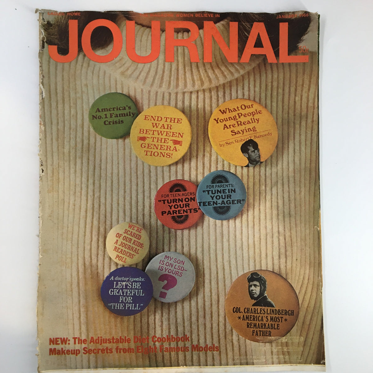 Cover of Ladies' Home Journal Magazine January 1968 featuring bold text and colorful buttons highlighting topics like family crisis and youth perspectives, alongside the statement 'NEW: The Adjustable Diet Cookbook.'