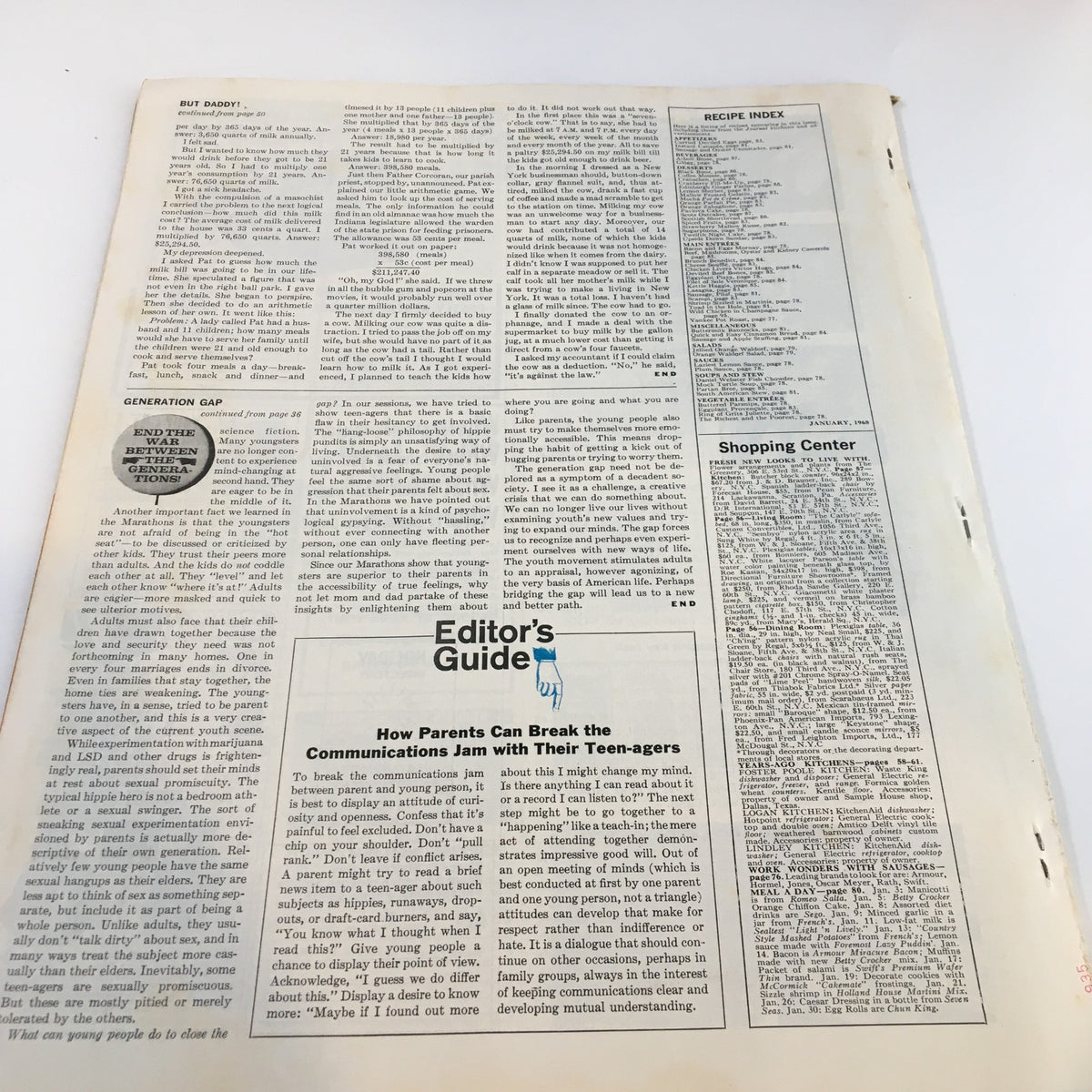 Page from the Ladies' Home Journal Magazine January 1968, featuring an Editor's Guide and article on bridging generational communication gaps, along with a recipe index and shopping center listings.