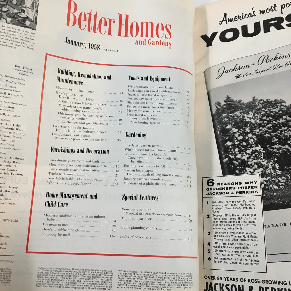 Inside page of Better Homes & Gardens Magazine January 1958, showcasing the table of contents with sections on gardening, home management, and special features.