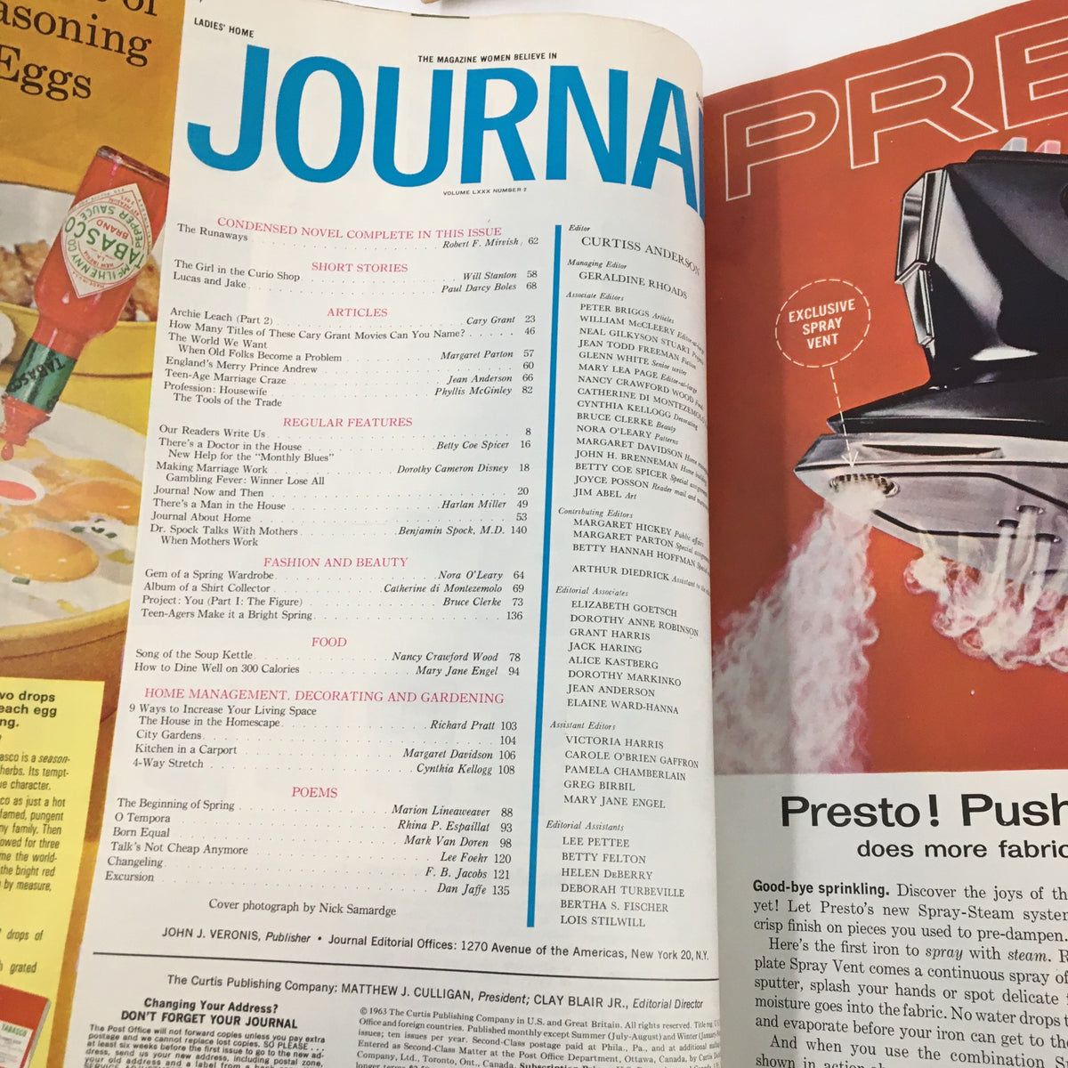 Inside page of Ladies' Home Journal Magazine March 1963 displaying the table of contents and various articles related to women's interests.