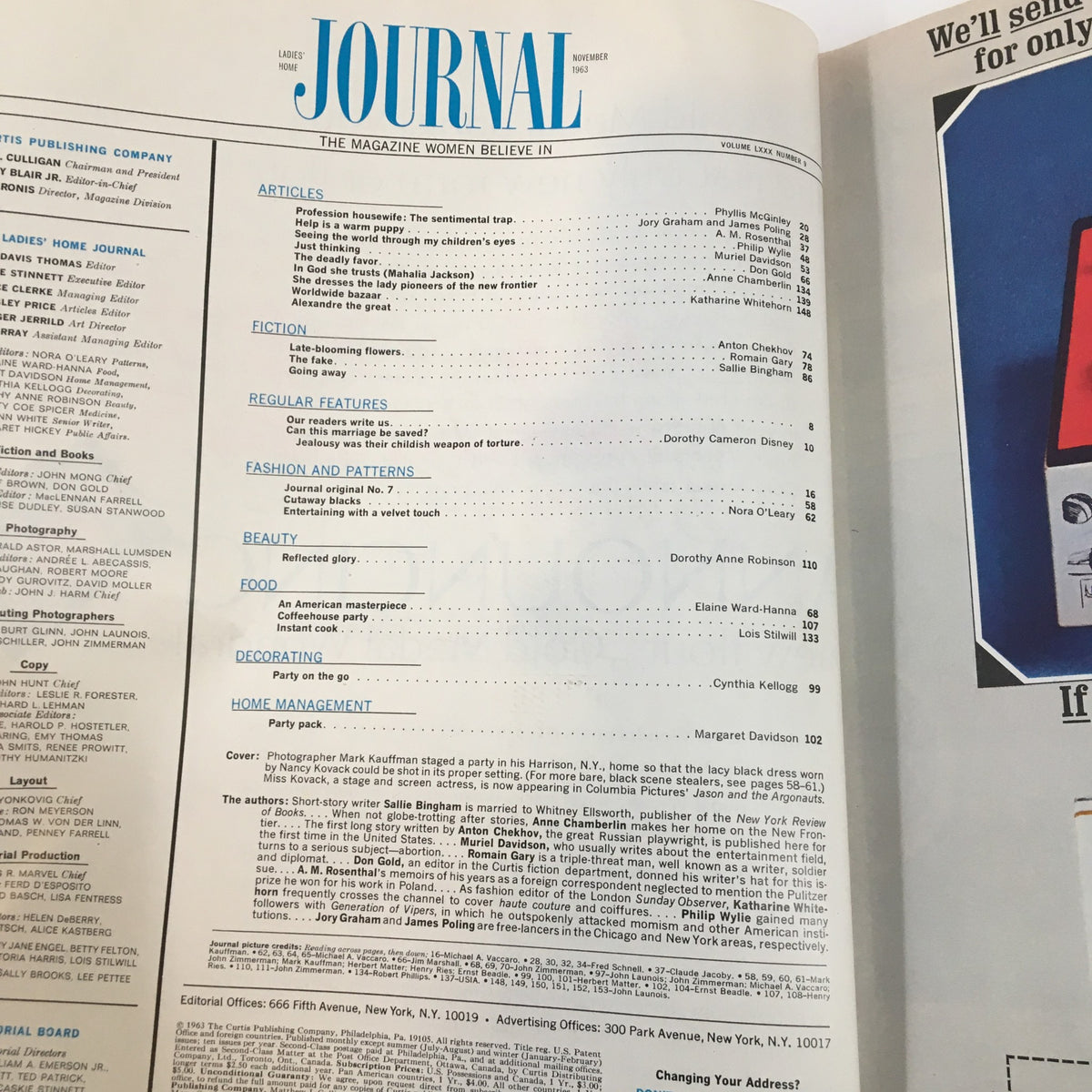 Table of contents page from Ladies' Home Journal Magazine November 1963, highlighting articles on fashion, beauty, and home management.