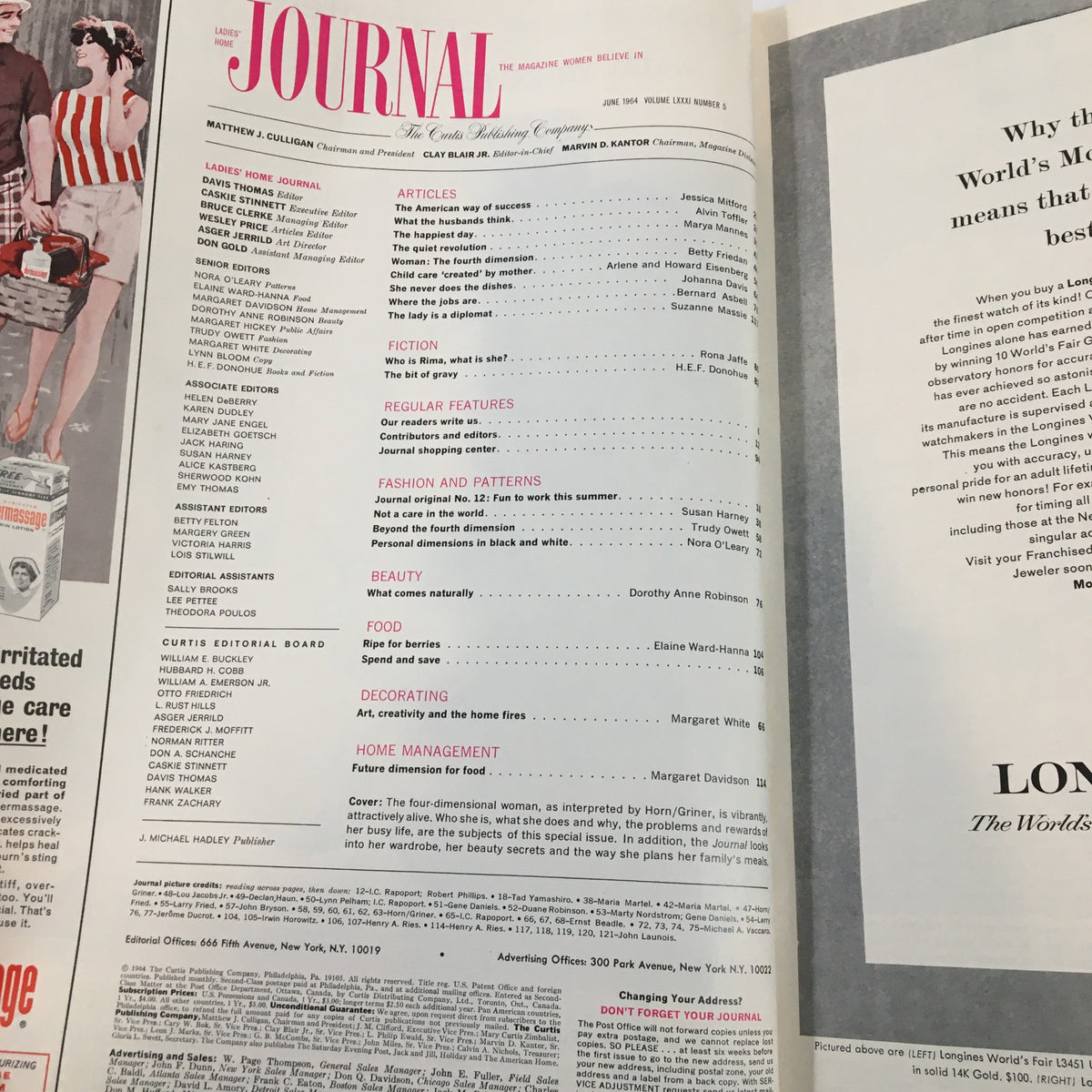 Interior page of the Ladies' Home Journal Magazine, June 1964, displaying the table of contents, articles, and editorial contributors. This classic magazine captures the essence of the 1960s with insights into women's issues and culture.