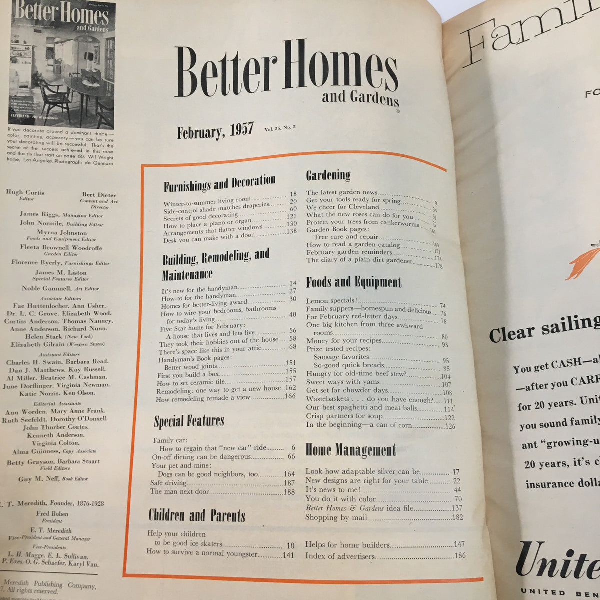 Inside page of Better Homes & Gardens Magazine February 1957 displaying table of contents and articles related to gardening, home management, and vintage domestic life.