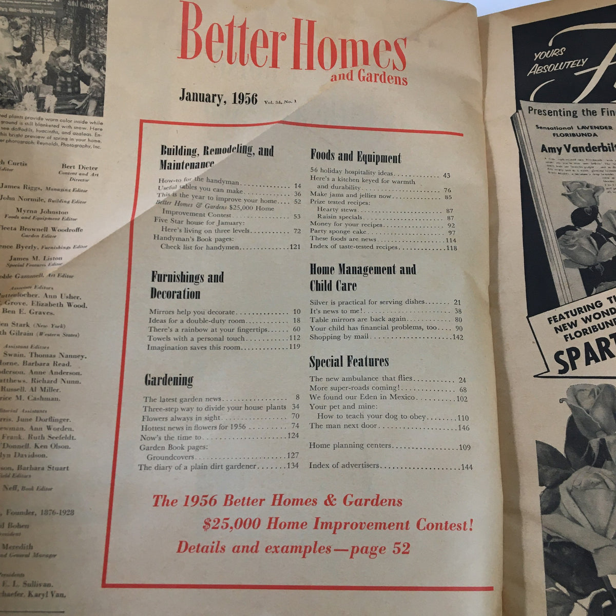 Cover of Better Homes & Gardens Magazine, January 1956, featuring the contents page that includes articles on home renovation, gardening, and food. This vintage magazine highlights nostalgic design trends and lifestyle insights from the 1950s.