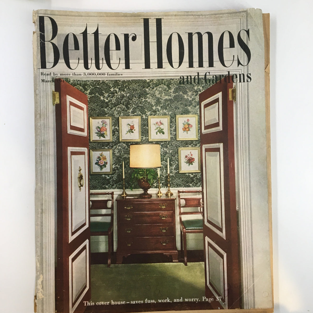 Cover of Better Homes & Gardens Magazine March 1949, featuring mid-century interior design with a decorated room showing a dresser and floral artwork.