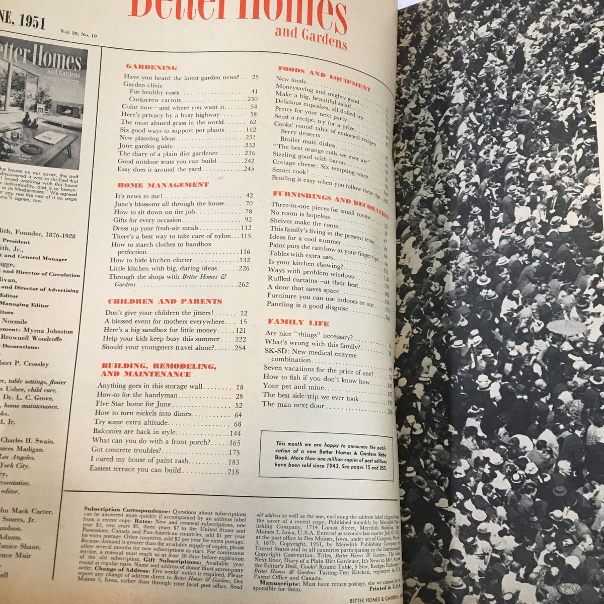 Contents page of Better Homes & Gardens Magazine June 1951 displaying various sections including gardening, home management, and family life tips.