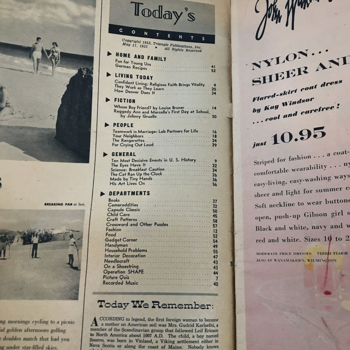 Contents page of The Philadelphia Inquirer Magazine from May 11, 1952, illustrating various articles and sections including topics on family, living, and historical events, reflecting the magazine's diverse features.